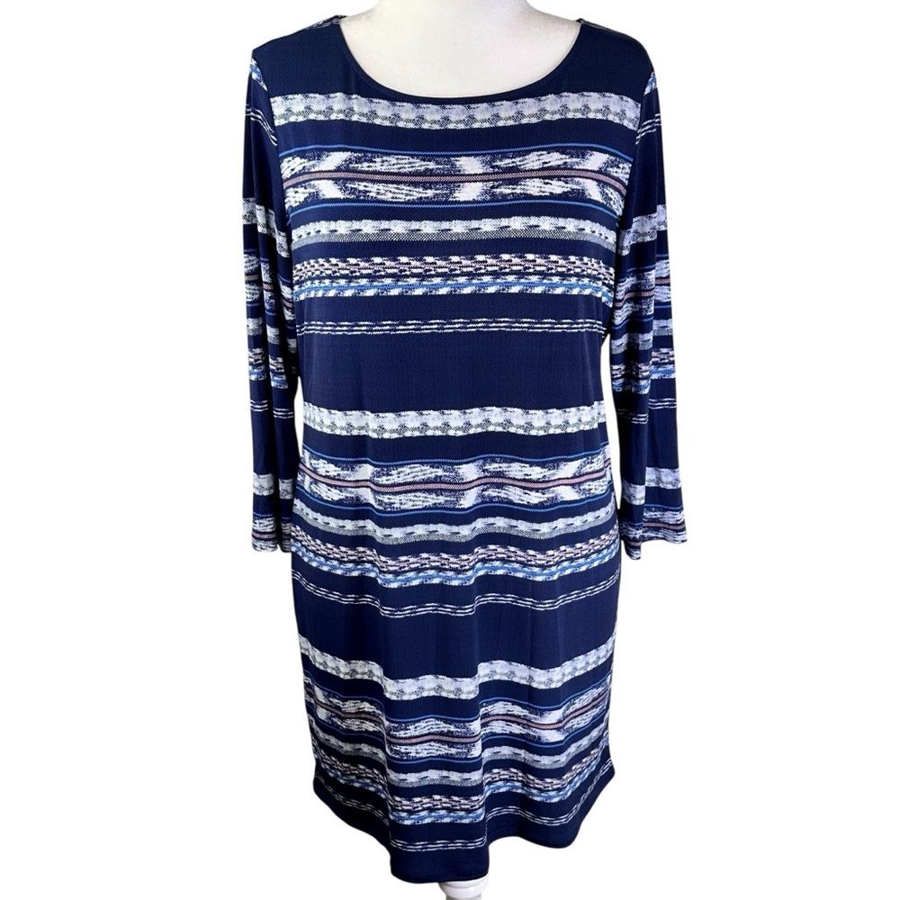 BCBGMaxAzria Navy and White Shift Long Sleeve Dress Size L
